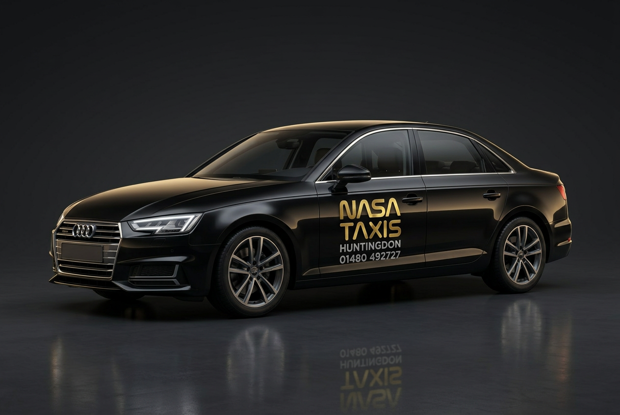 Black Audi A4 taxi with Nasa Taxis branding