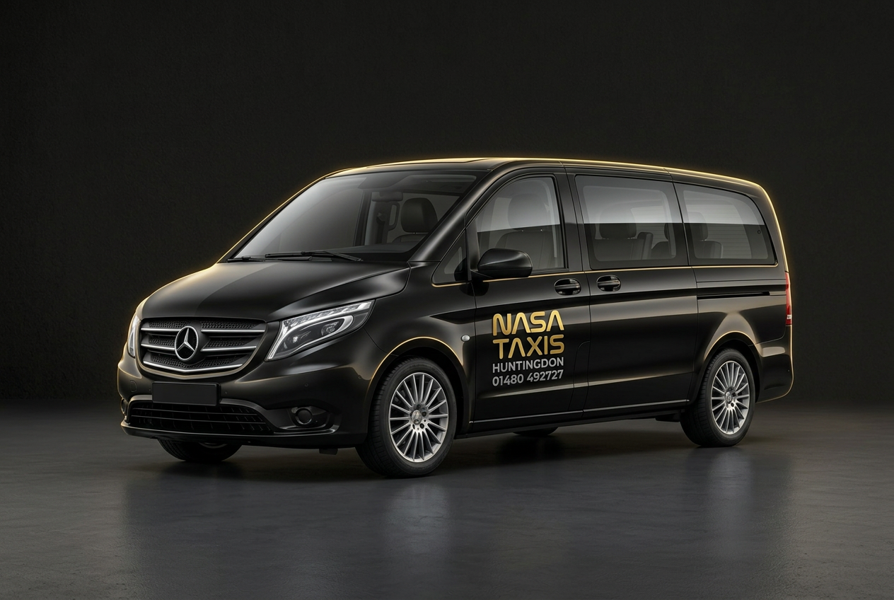 Black Mercedes Vito taxi with Nasa Taxis branding